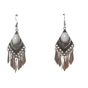 Bohemian Silver Dangle Earrings White Stone Tribal